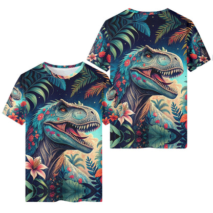 Dino Bloom Lycra Kids T-Shirt . Loud and Lethal colorful tropical dinosaur floral print on front and back of kids tee