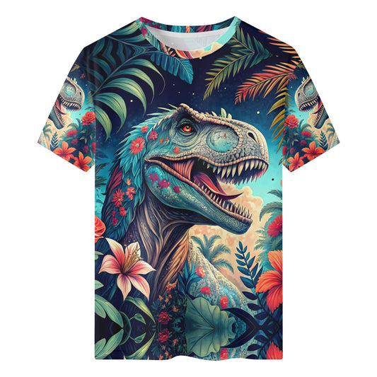 Dino Bloom Lycra Kids T-Shirt . Loud and Lethal colorful tropical dino print lycra tee for kids