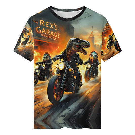 Dino Throttle Organic Cotton Kids T-Shirt featuring dinosaurs riding motorcycles in a fiery urban scene