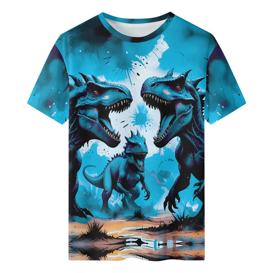 Loud and Lethal Prehistoric Pulse blue Lycra Kids T-Shirt . Featuring roaring blue dinosaurs on a short sleeve tee