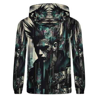 Loud and Lethal distorted dreams cotton terry hoodie with abstract dark artistic design in black and teal colors