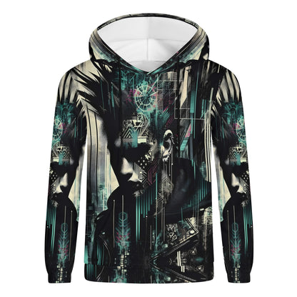 Distorted dreams cotton terry hoodie with abstract dark futuristic graphic design for unisex wear