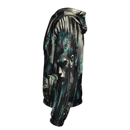 Side view of Loud and Lethal distorted dreams cotton terry hoodie with dark graphic design on black fabric