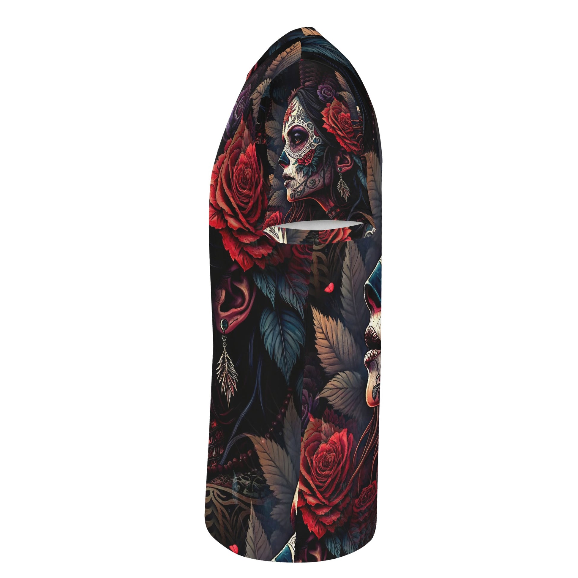 Side view of Loud and Lethal Doomed to Bloom 100 Cotton T-Shirt featuring dark floral and skull design
