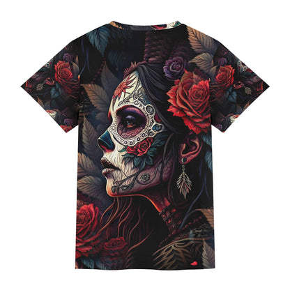 Doomed to Bloom Organic Cotton T-Shirt by Loud and Lethal featuring colorful Day of the Dead skull art and vibrant red roses