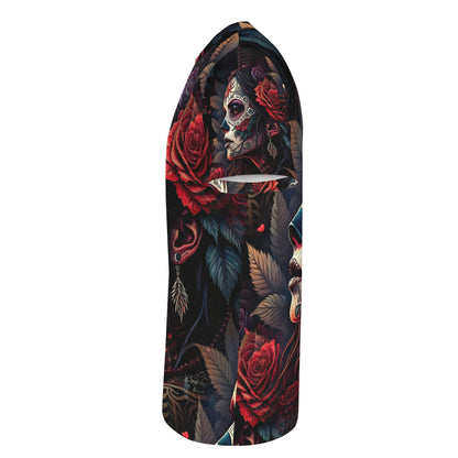 Side view of Doomed to Bloom Organic Cotton T-Shirt by Loud and Lethal with dark floral skull design