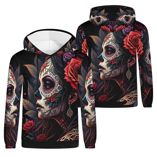 Loud and Lethal Doomed to Bloom Poly French Terry hoodie with detailed woman skull and red rose design