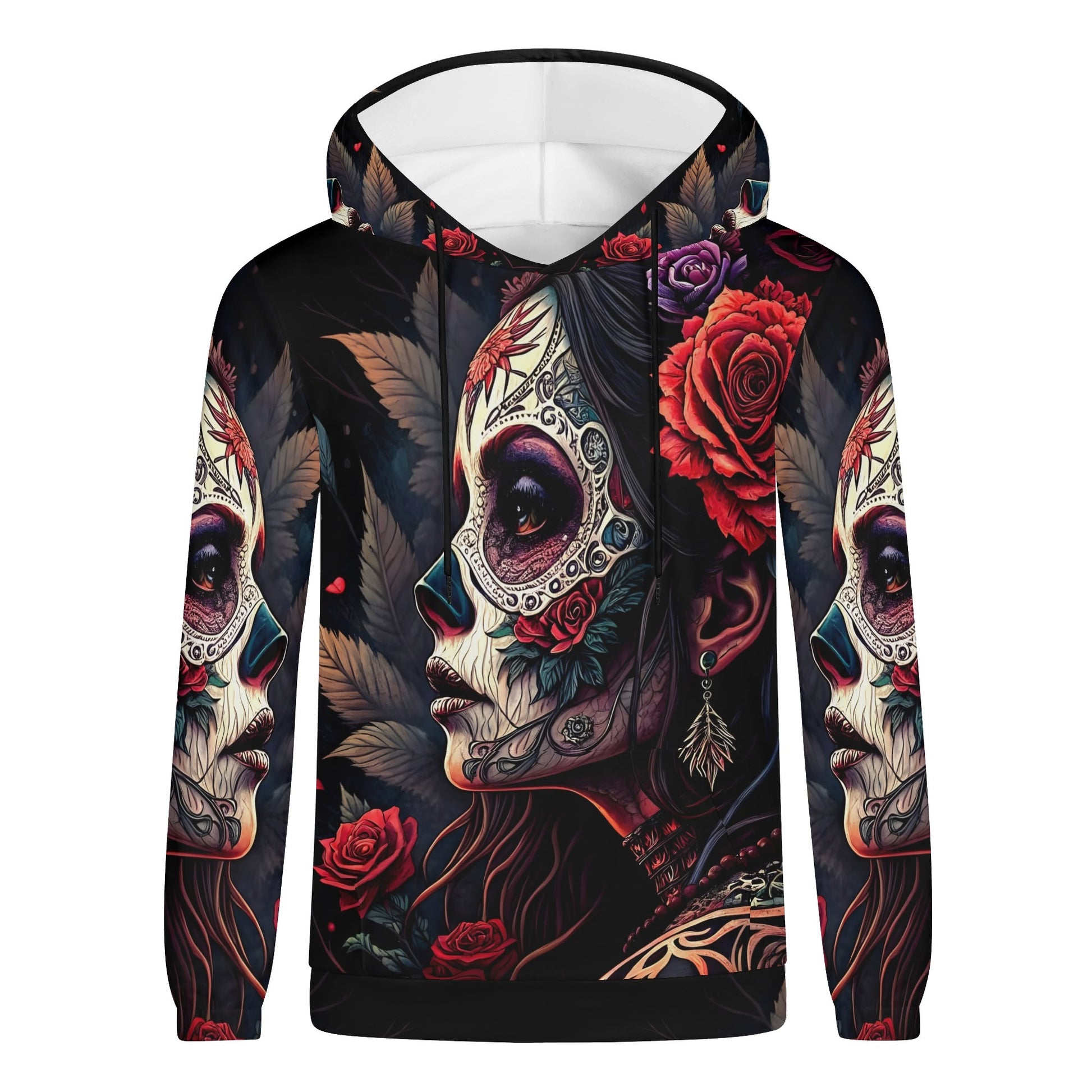 Doomed to Bloom Poly French Terry hoodie by Loud and Lethal featuring colorful sugar skull woman and red roses design