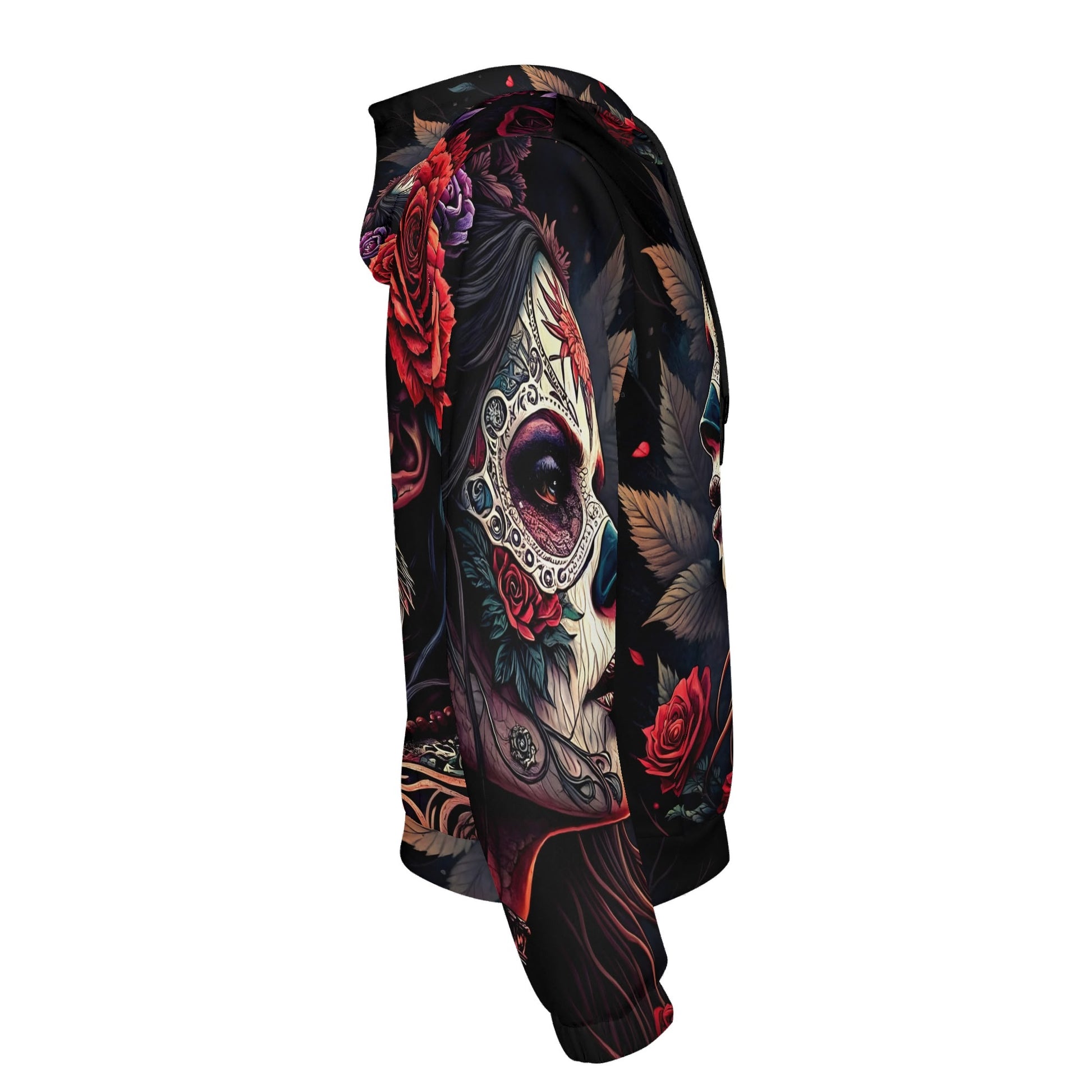 Side view of Loud and Lethal Doomed to Bloom Poly French Terry hoodie with dark floral skull design