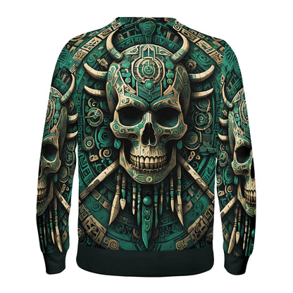 Unisex Loud and Lethal sweater with Aztec skull and geometric patterns in green and gold Emerald Doom Poly French Terry Sweatshirt