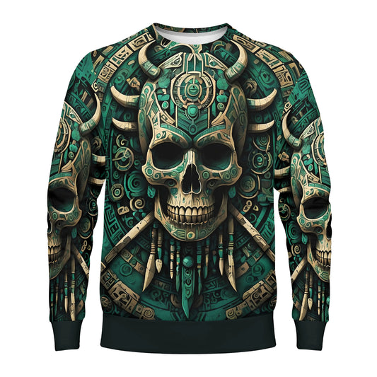 Emerald Doom Poly French Terry Sweatshirt Loud and Lethal unisex crewneck with intricate green Aztec skull print