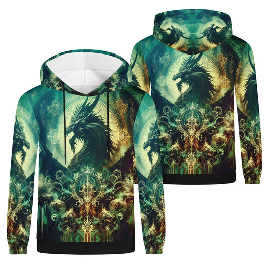 Dragons Domain cotton terry hoodie unisex with intricate dragon and mystical design in green and gold tones