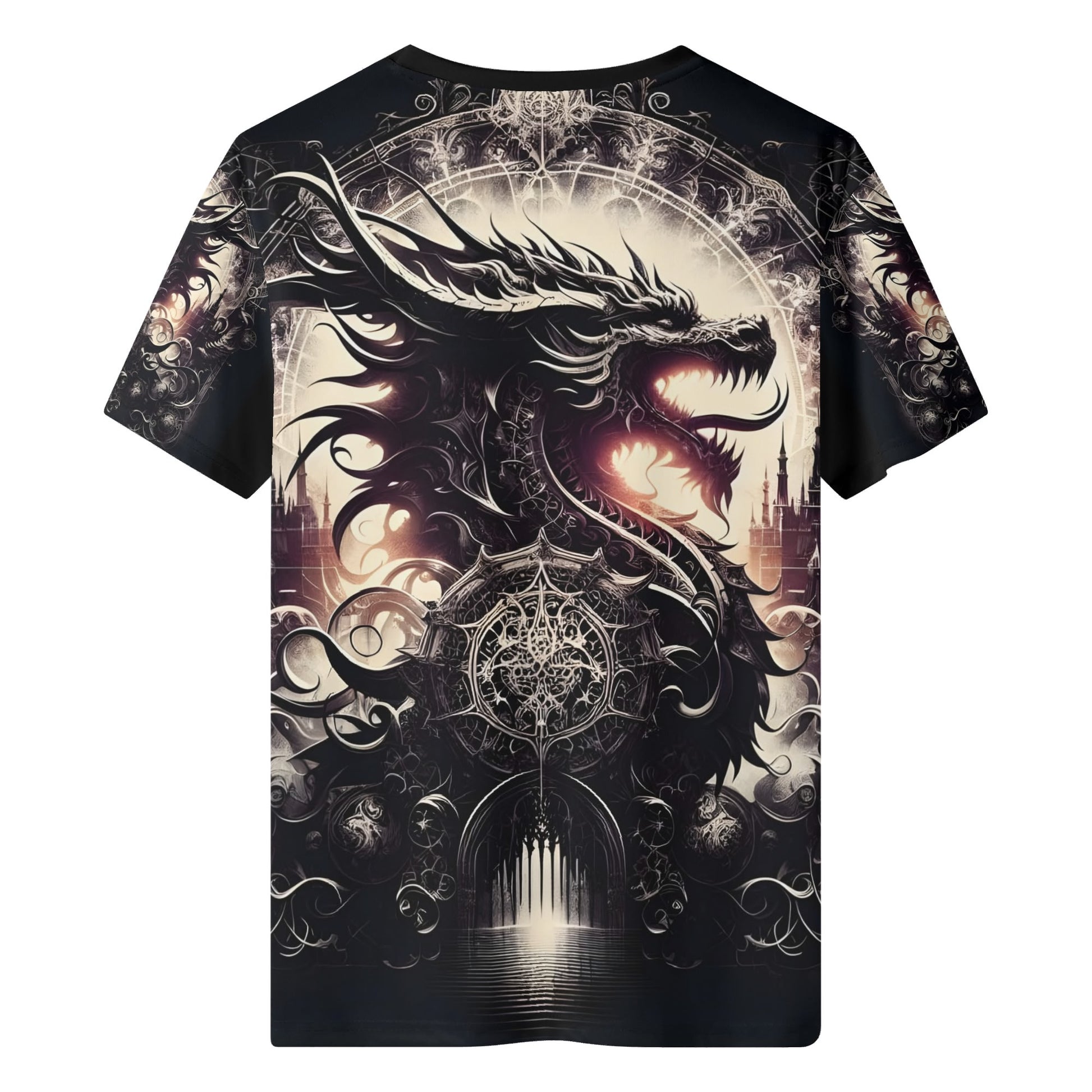 Dragons Dominion 100 Cotton T-Shirt featuring a detailed black dragon design with gothic elements