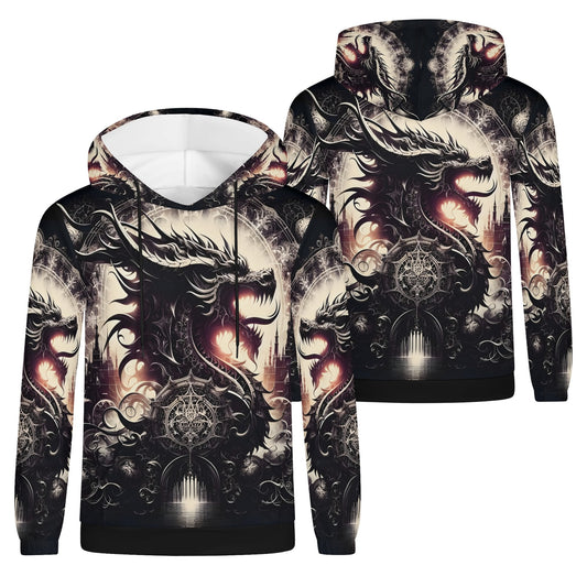 Dragons Dominion Cotton Terry hoodie by Loud and Lethal featuring a detailed black dragon design on front and back unisex