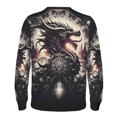 Loud and Lethal unisex sweater with black dragon print and gothic castle scene Dragons Dominion Cotton Terry Sweatshirt