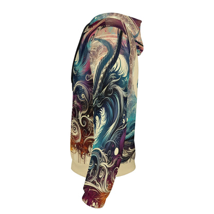 Side view of Loud and Lethal Dragons Fury cotton terry hoodie with colorful dragon artwork