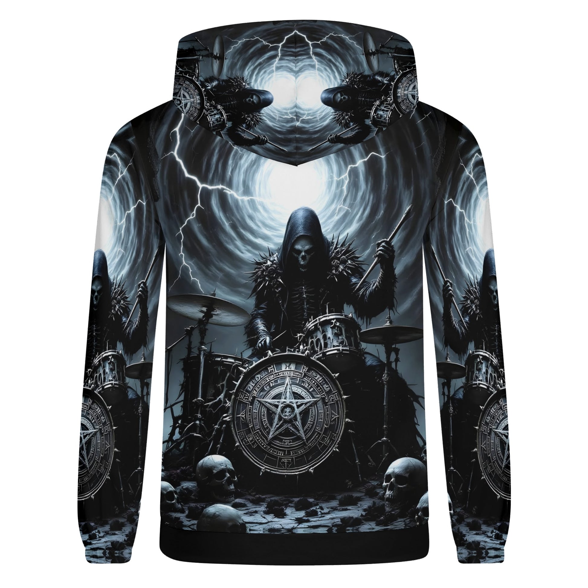 Loud and Lethal Drummer of the Fallen Cotton Terry Hoodie with dark drummer and skulls graphic design