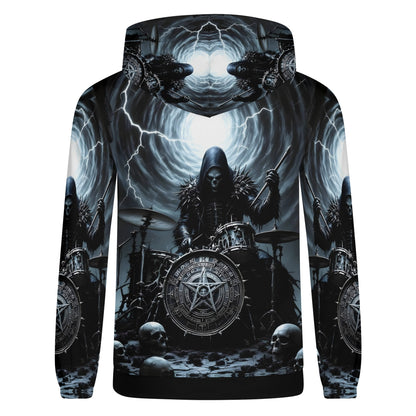 Loud and Lethal Drummer of the Fallen Cotton Terry Hoodie with dark drummer and skulls graphic design