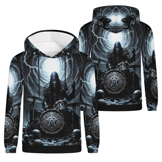 Drummer of the Fallen Cotton Terry Hoodie unisex with dark drummer and skull design by Loud and Lethal