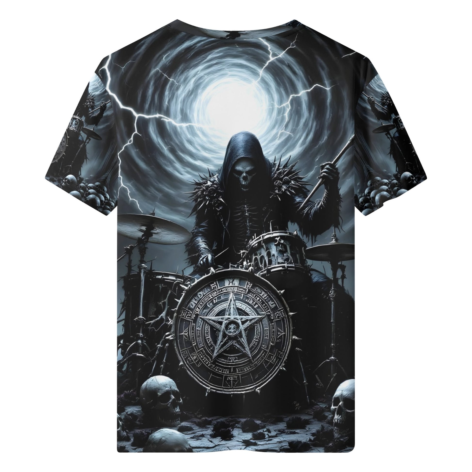 Drummer of the Fallen Lycra T-SHIRT featuring a dark skeleton drummer with lightning and skulls unisex tee