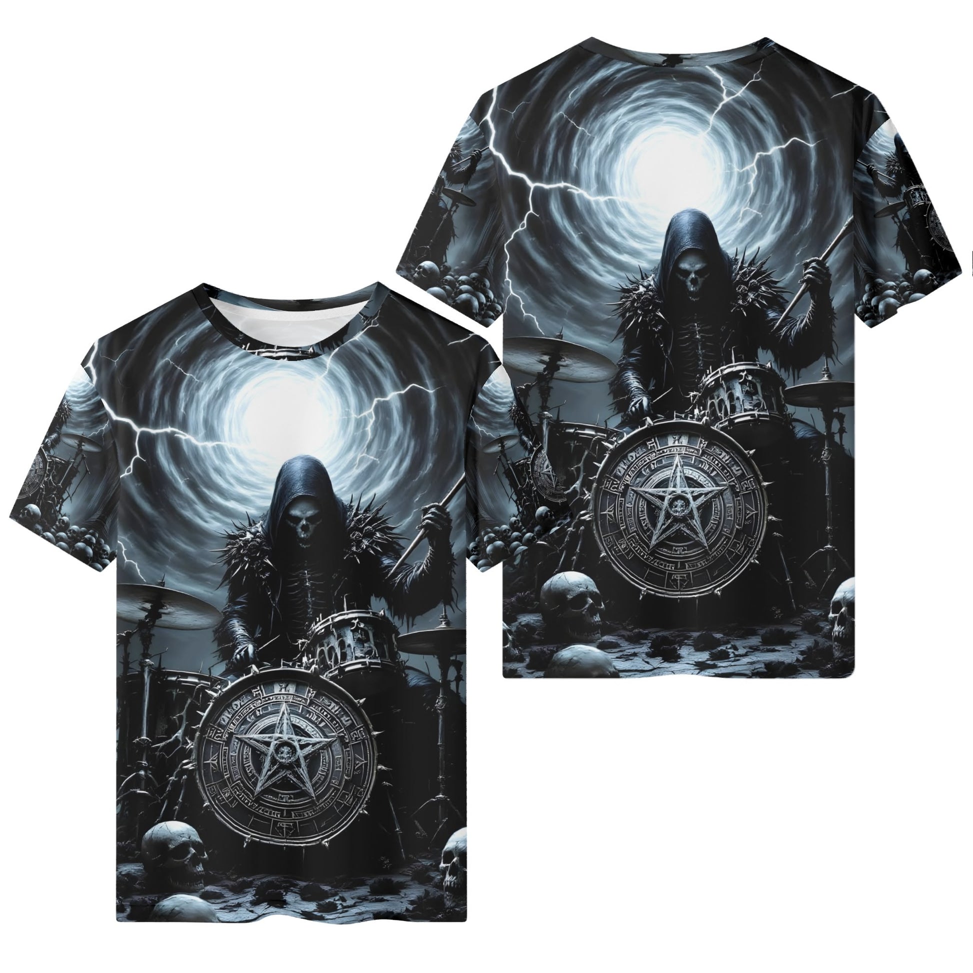 Drummer of the Fallen Lycra T-SHIRT featuring a dark hooded drummer with skulls and lightning in a stormy scene