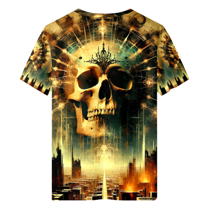 Dystopian Dawn 100 Cotton T-Shirt by Loud and Lethal featuring a large skull with intricate cityscape and glowing light design