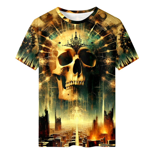 Dystopian Dawn 100 Cotton T-Shirt featuring a large skull design with a futuristic cityscape background