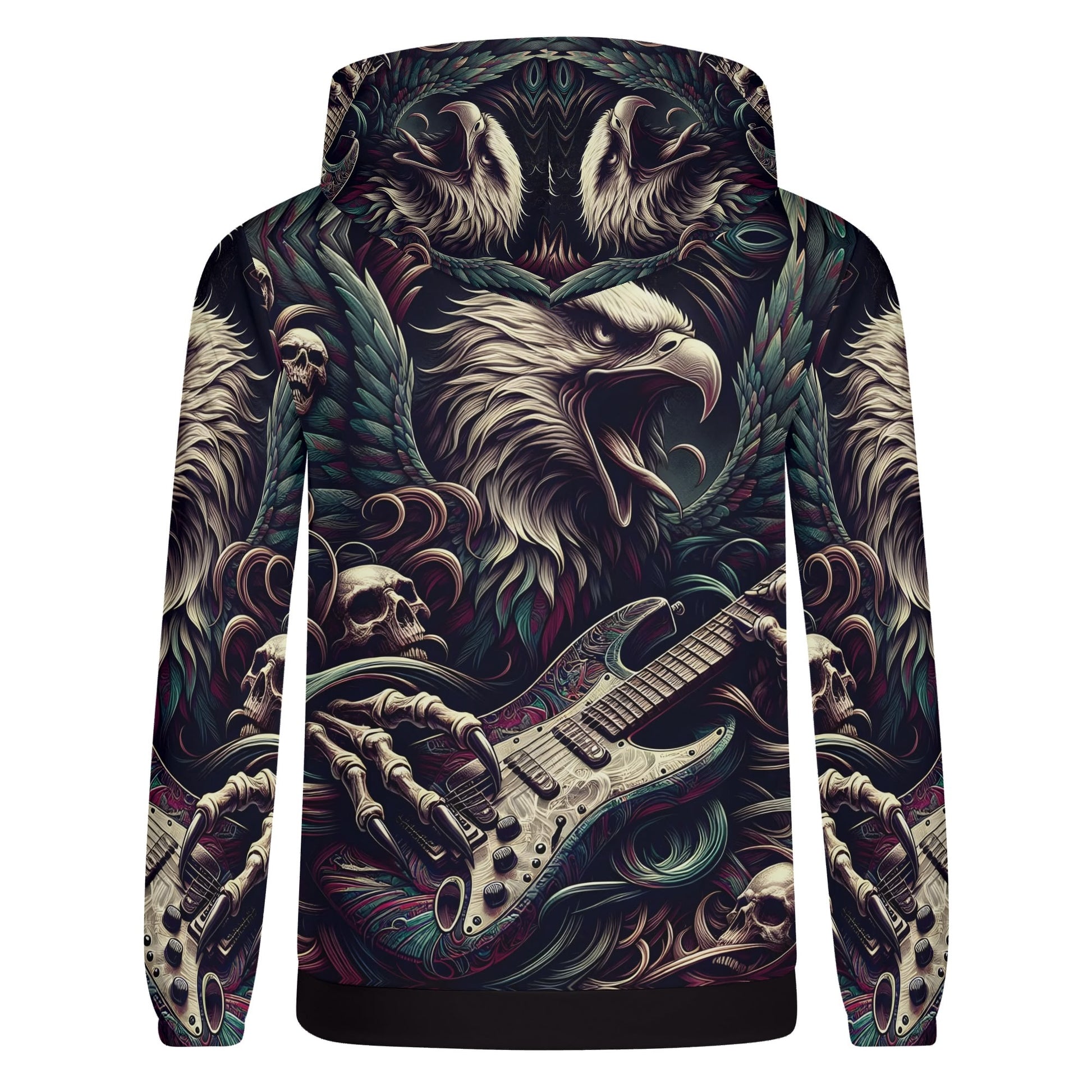 Unisex Eagle Rock cotton terry hoodie by Loud and Lethal with eagle, skulls, and guitar graphic design