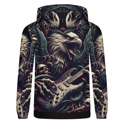 Unisex Eagle Rock cotton terry hoodie by Loud and Lethal with eagle, skulls, and guitar graphic design