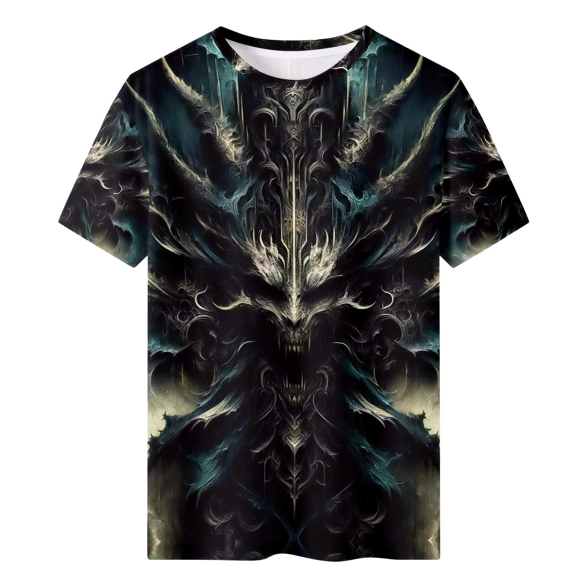 Echoes of the Underworld 100 Cotton T-Shirt with dark fantasy skull and horn design by Loud and Lethal