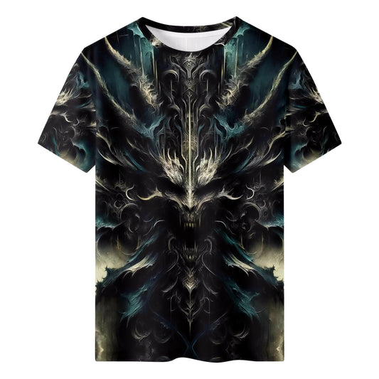 Echoes of the Underworld 100 Cotton T-Shirt with dark fantasy skull and horn design by Loud and Lethal