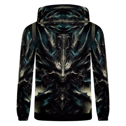 Back view of Echoes of the Underworld Cotton Terry Hoodie by Loud and Lethal with dark abstract design