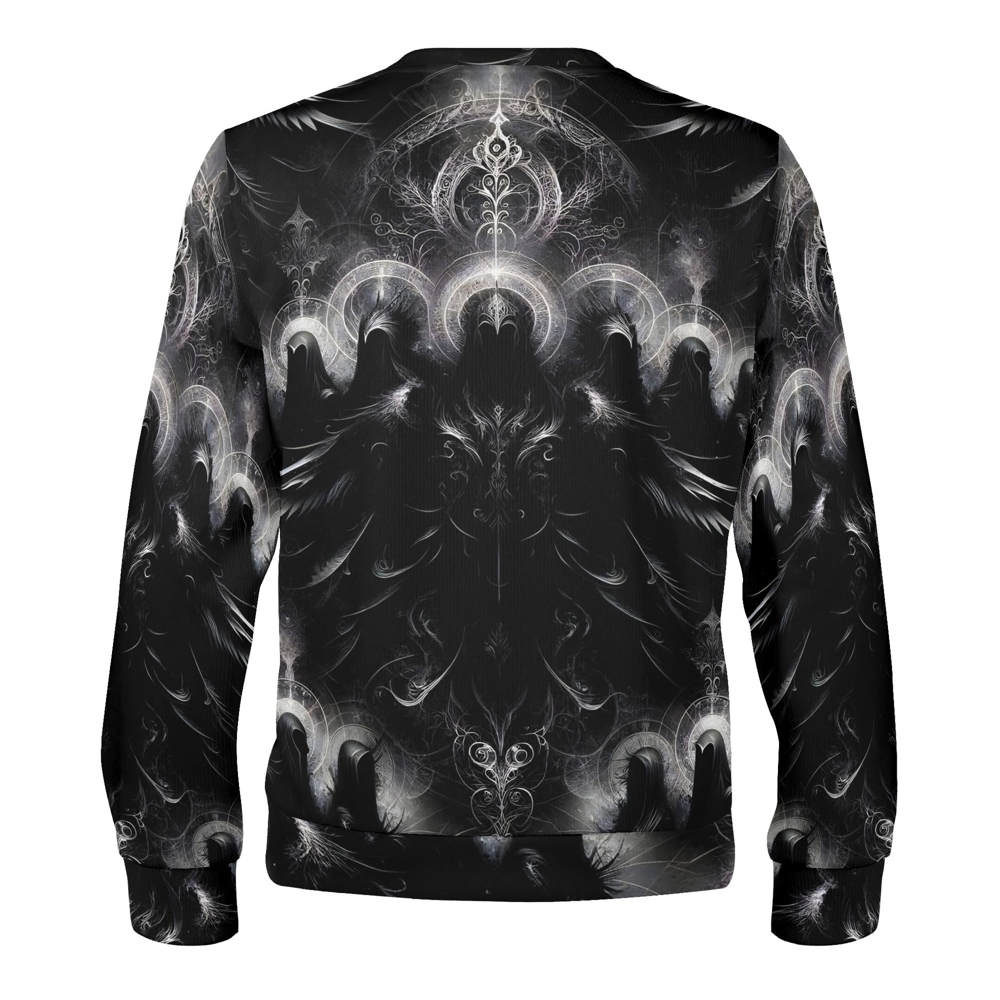 Back view Loud and Lethal unisex sweater black and white ornate eclipse print The Sacred Eclipse Poly French Terry Sweatshirt.