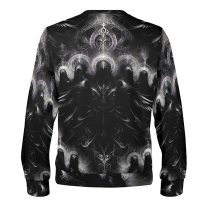 Back view Loud and Lethal unisex sweater black and white ornate eclipse print The Sacred Eclipse Poly French Terry Sweatshirt.