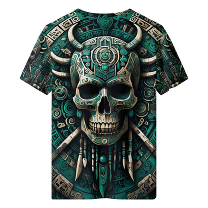 Loud and Lethal Emerald Doom 100 Cotton T-Shirt featuring a detailed skull with horns and tribal design