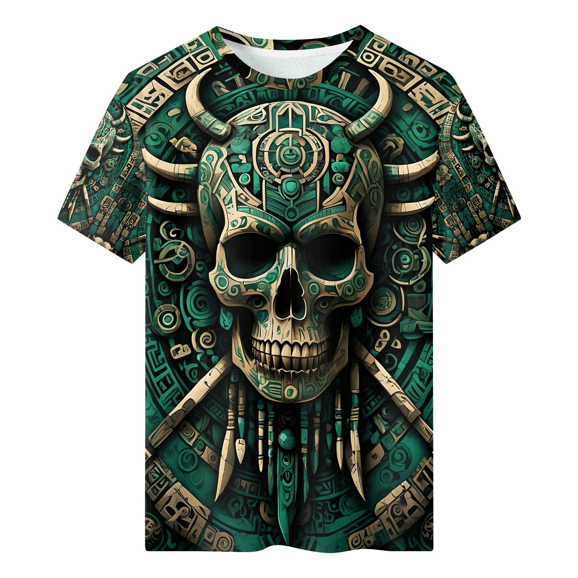 Emerald Doom 100 Cotton T-Shirt with detailed green and tan skull design and tribal patterns