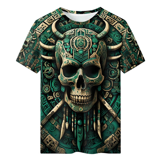 Emerald Doom 100 Cotton T-Shirt with detailed green and tan skull design and tribal patterns