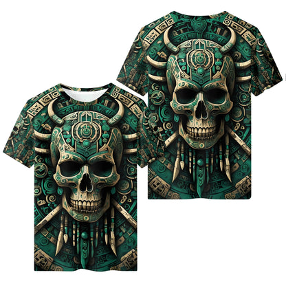 Emerald Doom 100 Cotton T-Shirt featuring unisex green skull graphic with tribal and mechanical design