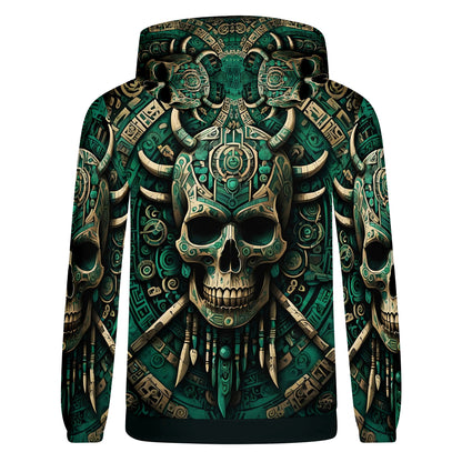 Emerald Doom Cotton Terry hoodie with detailed skull and tribal design in green and beige tones