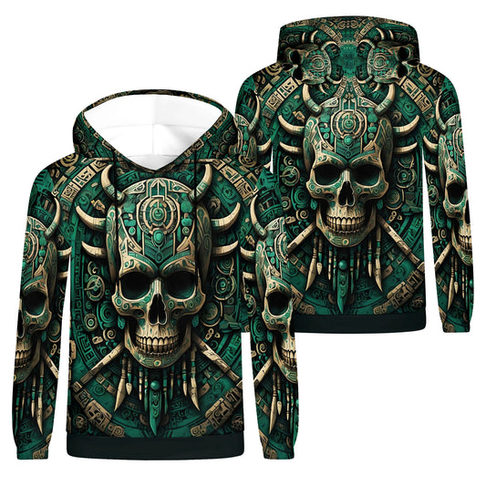 Emerald Doom Cotton Terry hoodie with intricate skull and tribal design in green and beige tones
