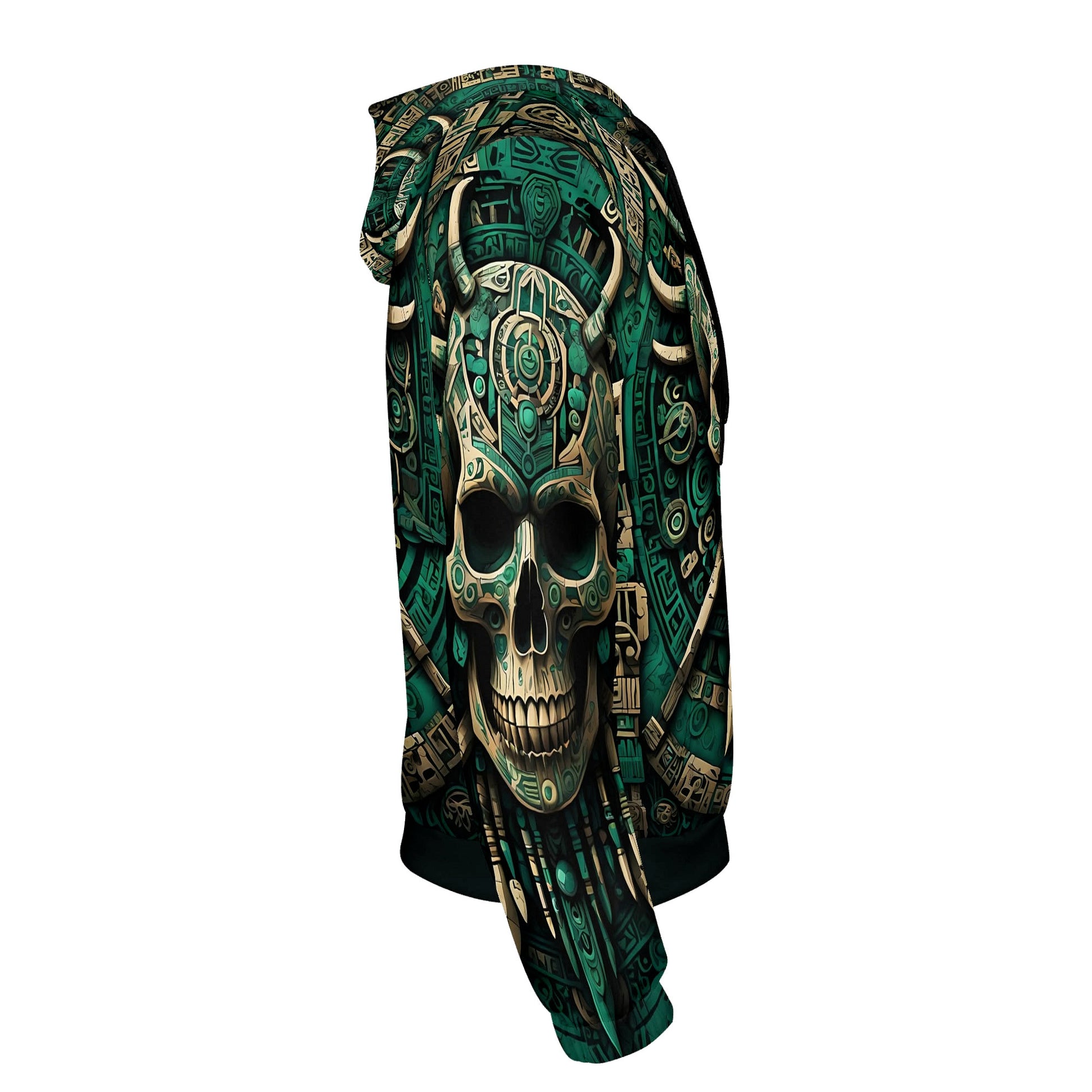 Emerald Doom Cotton Terry hoodie with detailed skull and intricate green tribal design on sleeve and hood