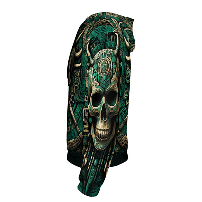 Side view of Loud and Lethal Emerald Doom Cotton Terry hoodie with detailed skull and mechanical design