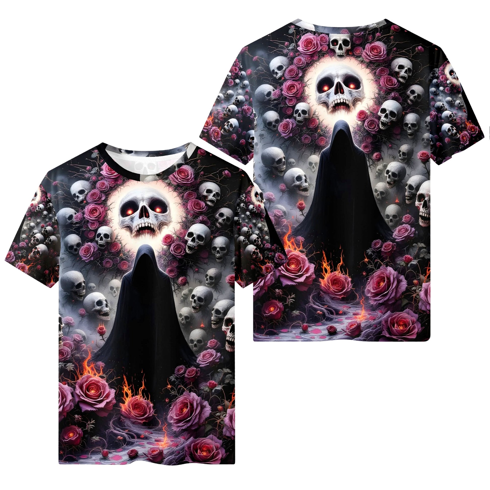 Enigmatic Symphony 100 Cotton T-Shirt with gothic skulls, roses, and cloaked figure design by Loud and Lethal