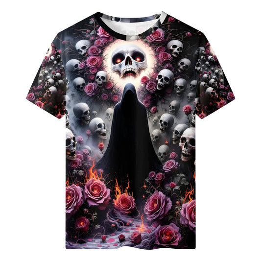 Enigmatic Symphony 100 Cotton T-Shirt featuring dark skull and rose design with fiery accents