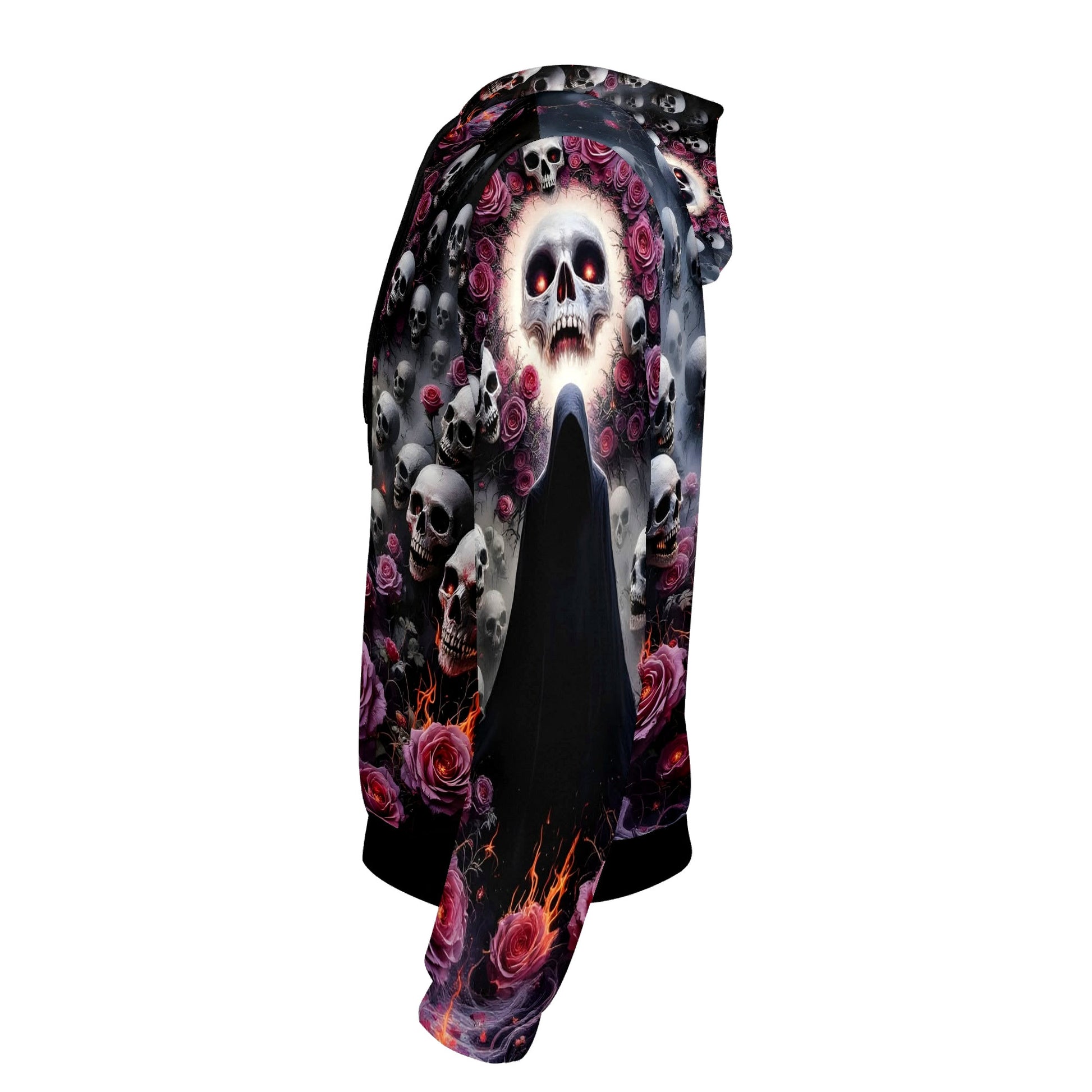 Loud and Lethal Enigmatic Symphony Cotton Terry hoodie with skulls and roses graphic on black background