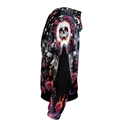 Loud and Lethal Enigmatic Symphony Cotton Terry hoodie with skulls and roses graphic on black background