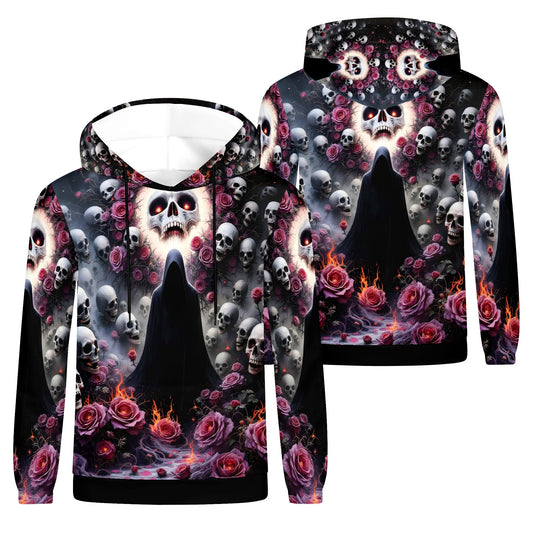 Enigmatic Symphony Cotton Terry hoodie with skulls, roses, and dark mysterious figure design by Loud and Lethal
