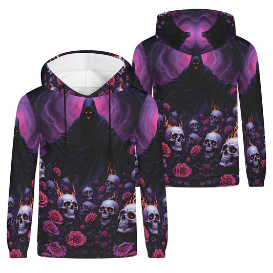 Eternal Defiance Cotton Terry hoodie by Loud and Lethal with dark grim reaper and skulls design in purple and black