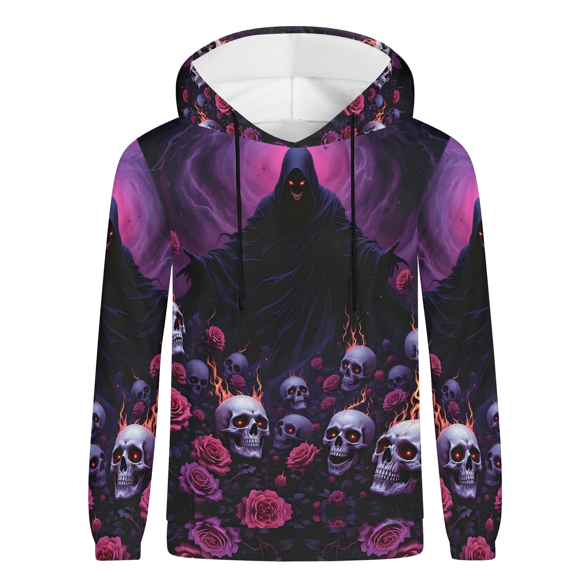 Loud and Lethal Eternal Defiance Cotton Terry hoodie with dark hooded figure skulls and rose design
