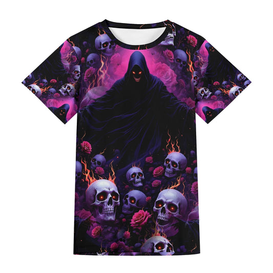 Eternal Defiance Lycra T-Shirt by Loud and Lethal featuring dark hooded figure with glowing eyes surrounded by flaming skulls and roses